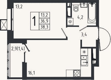 Планировка: 1-к, 36,9 м²