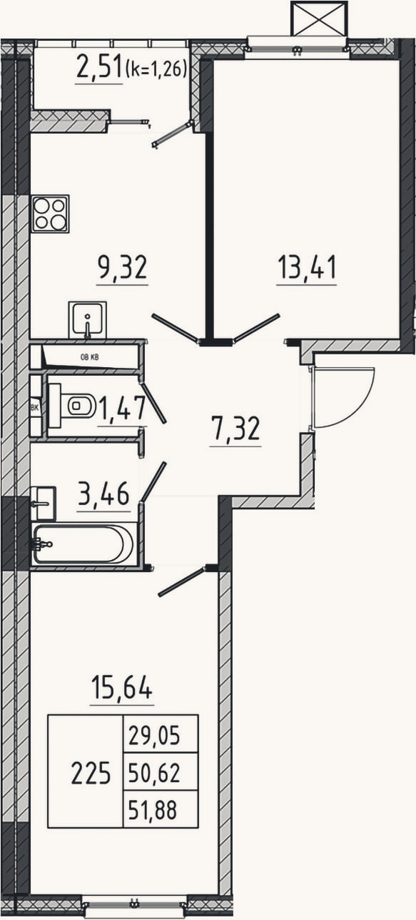 Планировка: 2-к, 50,6 м²
