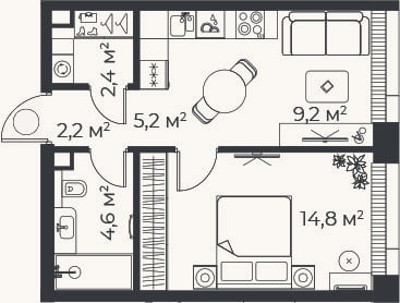 Планировка: 2-к, 38,4 м²