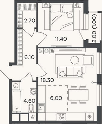 Планировка: 2-к, 49,1 м²