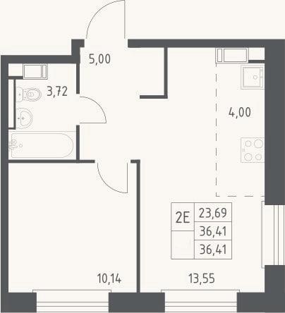 Планировка: 2-к, 36,4 м²