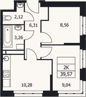 Планировка: 2-к, 39,6 м²