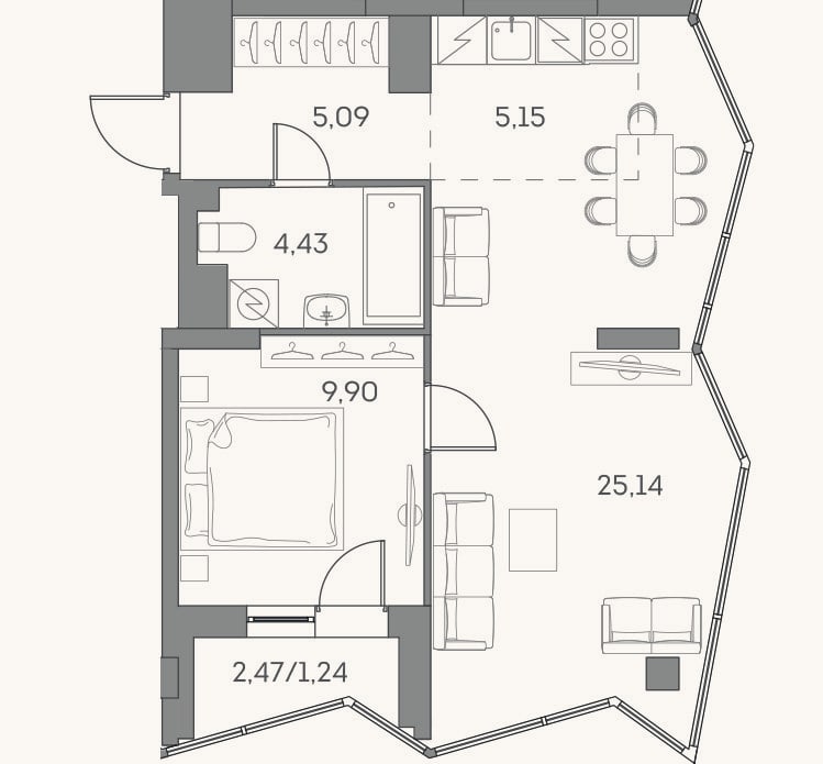 Планировка: 2-к, 49,7 м²