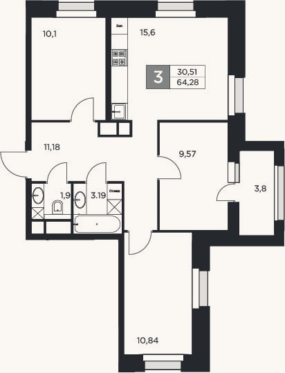 Планировка: 4+ к, 62,4 м²