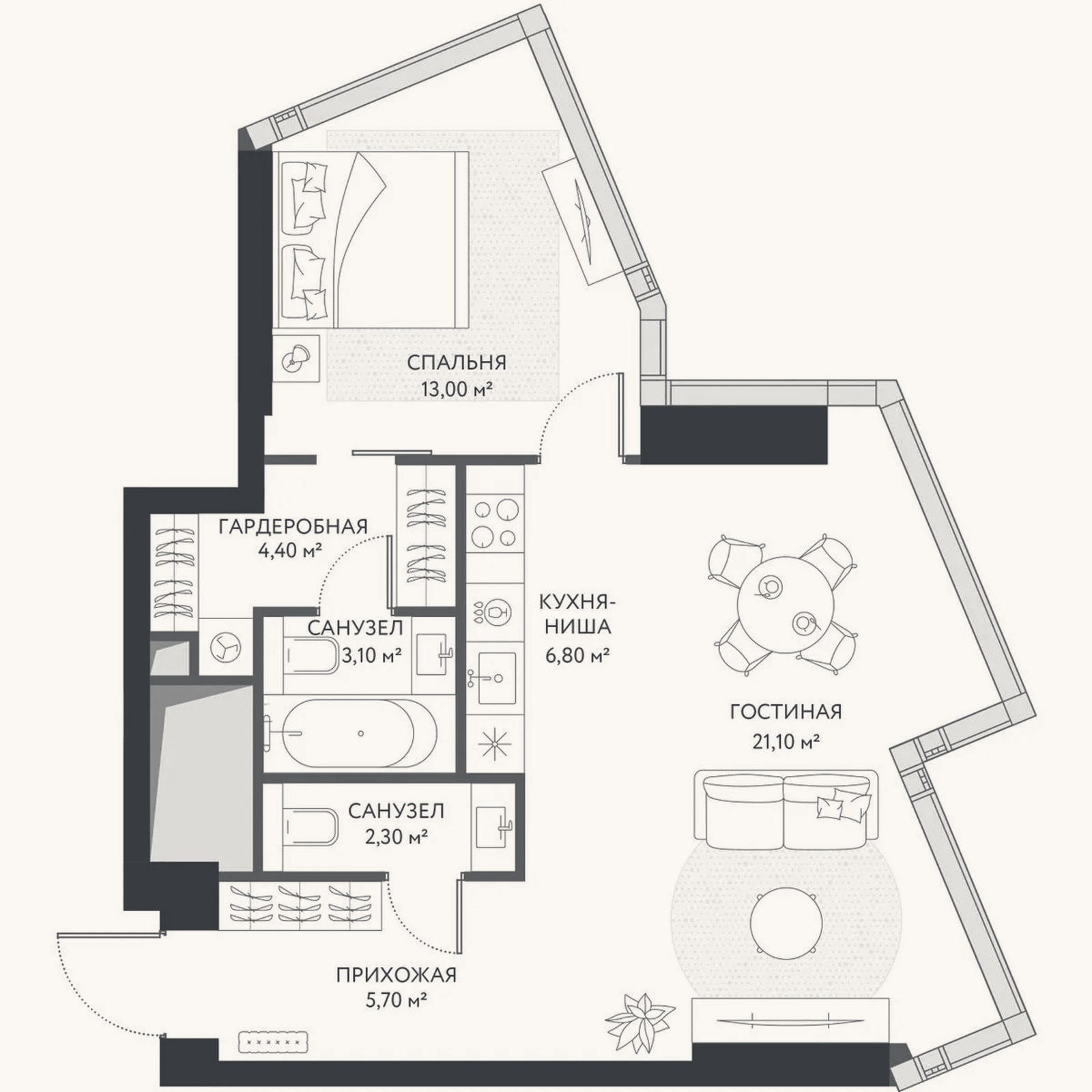 Планировка: 2-к, 57,8 м²