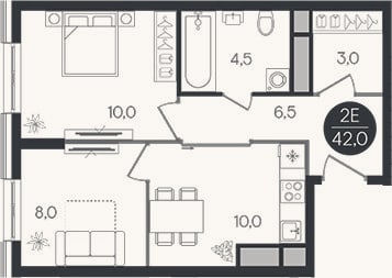 Планировка: 2-к, 42 м²