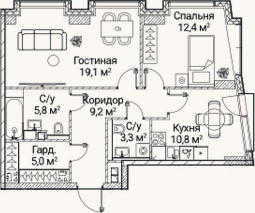 Планировка: 2-к, 65,6 м²