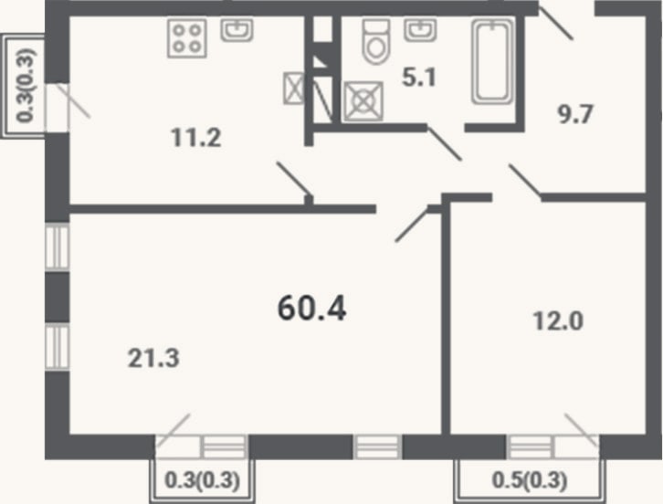 Планировка: 2-к, 59,3 м²