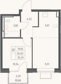 Планировка: 2-к, 34,6 м²