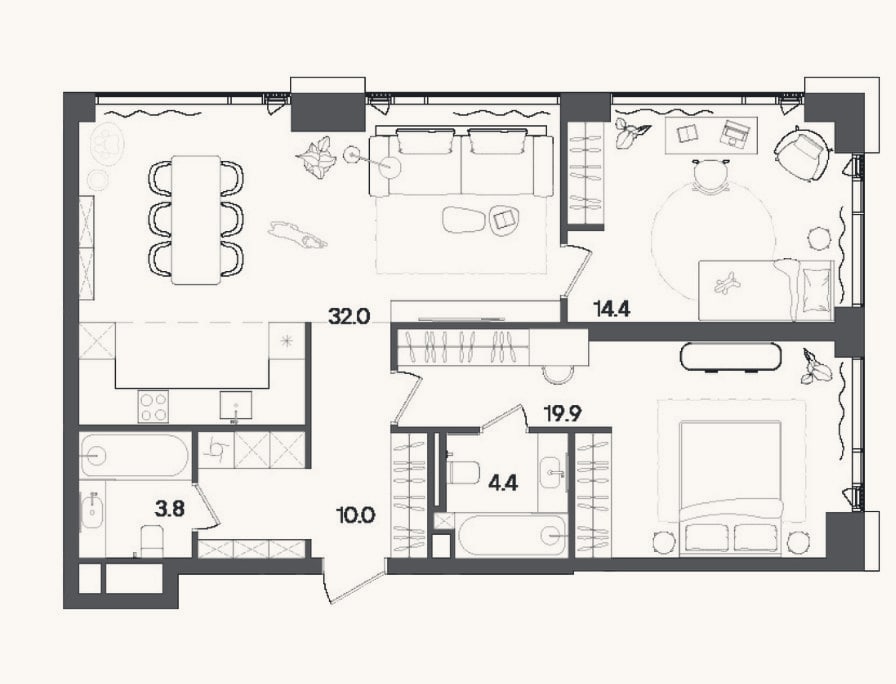 Планировка: 3-к, 88,5 м²