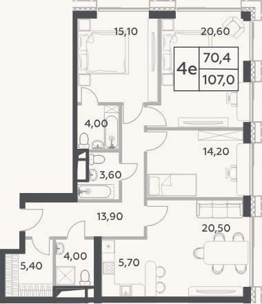 Планировка: 4+ к, 107 м²