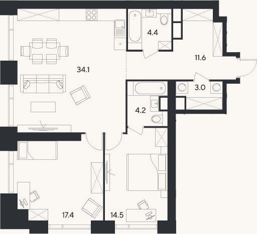 Планировка: 3-к, 89,2 м²