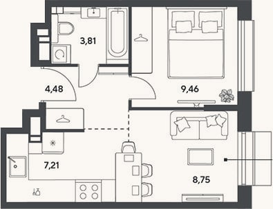 Планировка: 2-к, 33,7 м²