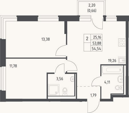 Планировка: 3-к, 53,9 м²