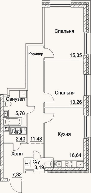 Планировка: 3-к, 75,4 м²