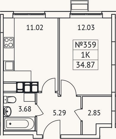 Планировка: 1-к, 34,9 м²
