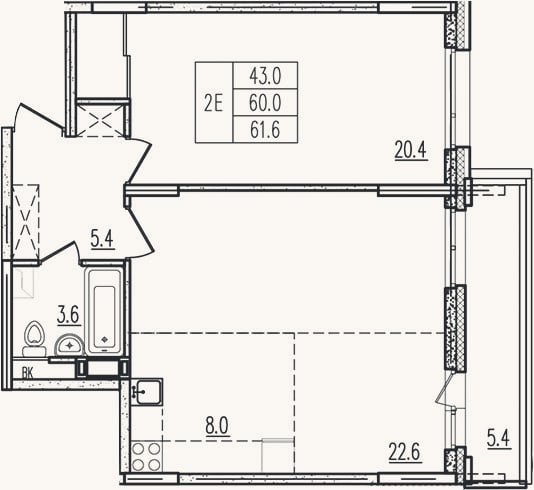 Планировка: 2-к, 60 м²