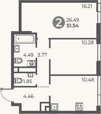 Планировка: 2-к, 51,5 м²