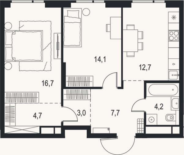 Планировка: 2-к, 63,1 м²