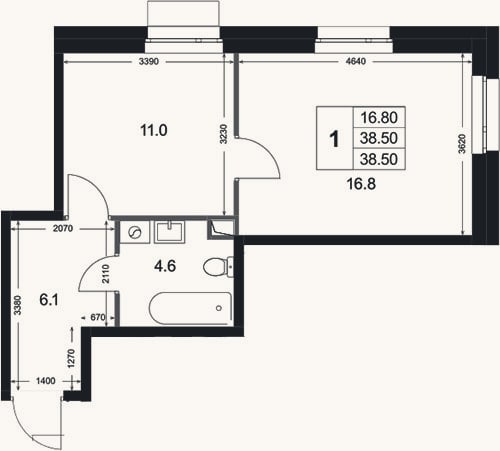 Планировка: 1-к, 38,5 м²