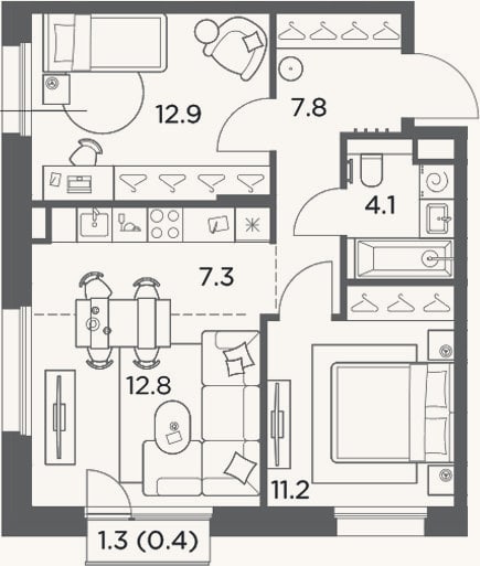 Планировка: 3-к, 56,1 м²