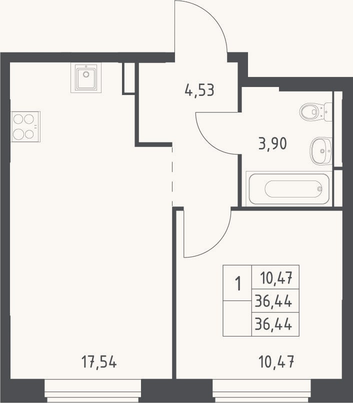 Планировка: 2-к, 36,4 м²