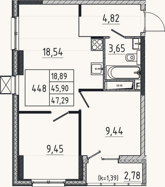 Планировка: 3-к, 45,9 м²