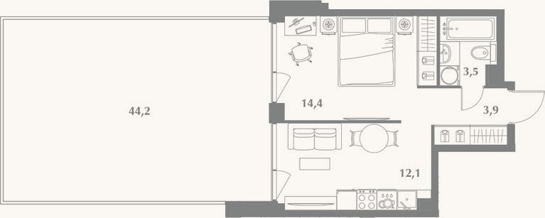 Планировка: 1-к, 33,9 м²