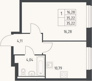 Планировка: 1-к, 35,2 м²