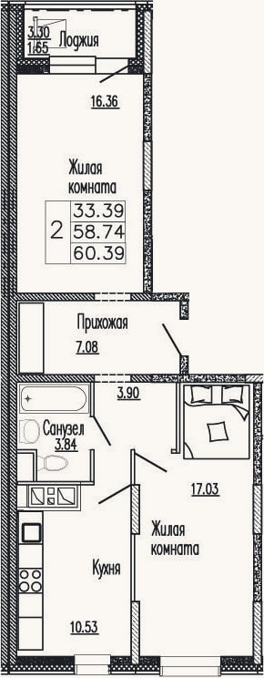 Планировка: 2-к, 60,4 м²