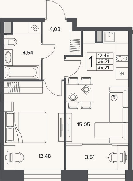 Планировка: 1-к, 39,7 м²