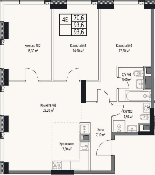 Планировка: 4+ к, 93,6 м²