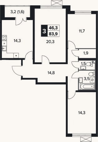 Планировка: 3-к, 82,3 м²