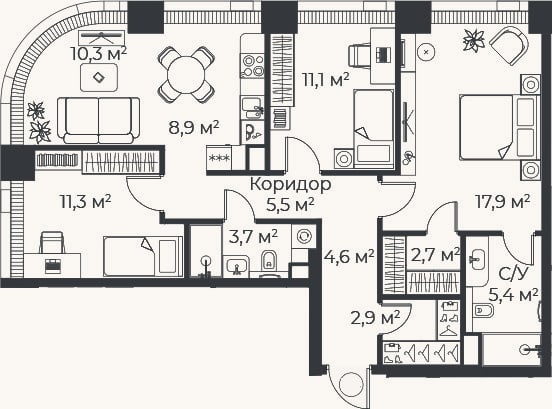 Планировка: 4+ к, 84,1 м²