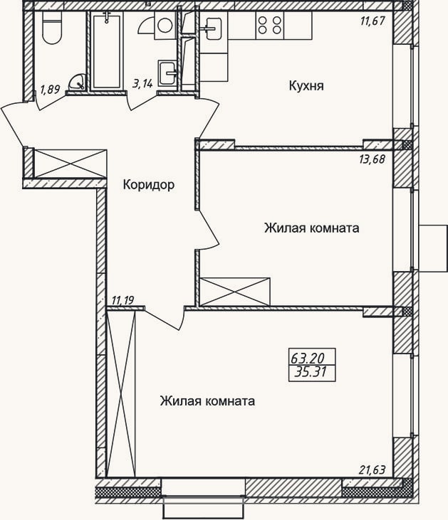 Планировка: 2-к, 63,2 м²