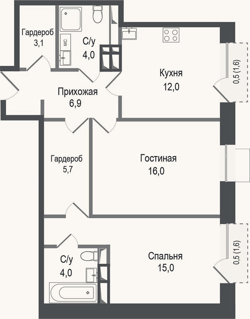 Планировка: 2-к, 66,7 м²
