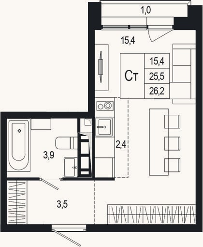 Планировка: Студия, 25,5 м²