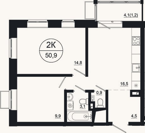 Планировка: 2-к, 49,7 м²