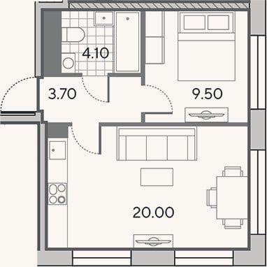 Планировка: 2-к, 37,3 м²