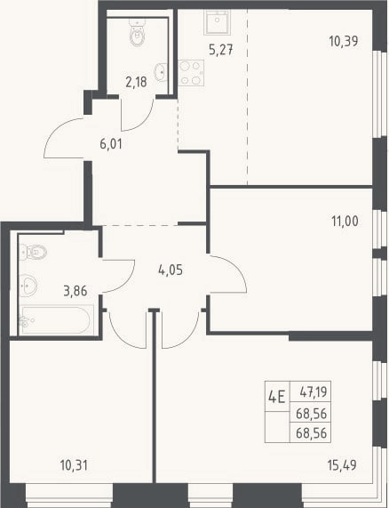 Планировка: 4+ к, 68,6 м²