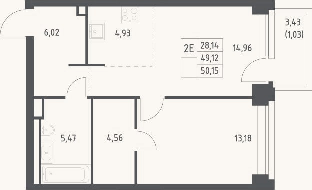 Планировка: 2-к, 49,1 м²