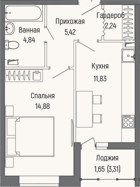 Планировка: 1-к, 39,2 м²