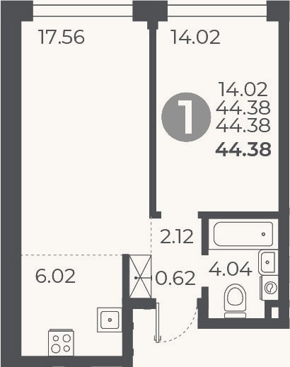 Планировка: 1-к, 44,4 м²