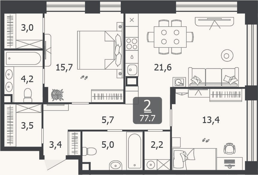 Планировка: 3-к, 77,7 м²