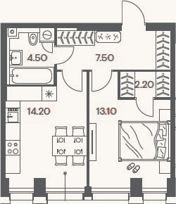 Планировка: 1-к, 41,5 м²