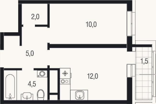 Планировка: 1-к, 33,5 м²