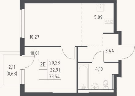 Планировка: 2-к, 32,9 м²