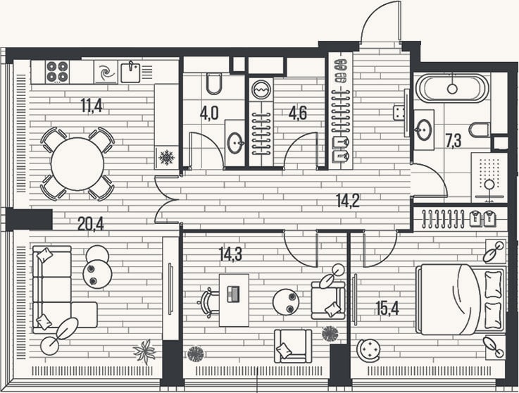Планировка: 3-к, 91,6 м²