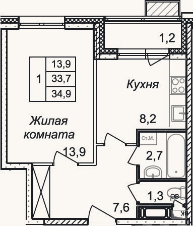 Планировка: 1-к, 33,7 м²
