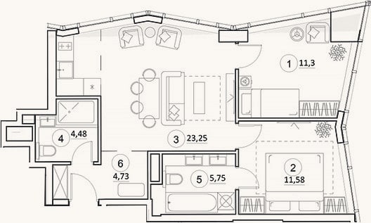 Планировка: 3-к, 61,1 м²